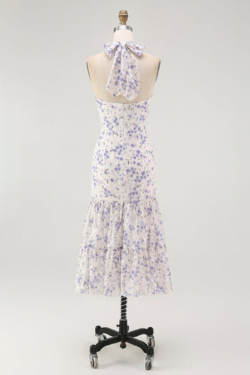 Blue Floral Halter Neck A-Line Tiered Chiffon Midi Bridesmaid Dress